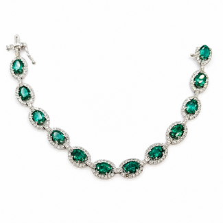 Bracelet Tennis Halo Station 2.30ctw Round Diamonds 9.26ct Green Emerald 14kw 9mm 7" 17.2g 226070015