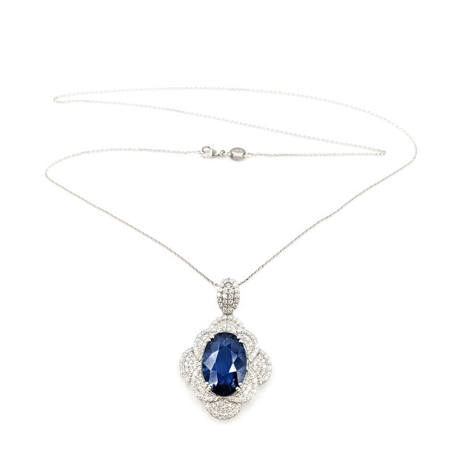 Necklace Floral Quatrefoil W/chain 1.32ctw Round Diamonds GIA: 5231597058 10.73ct Blue Ceylon Sapphire Platinum 50x25mm 16" 11.7g 226070017