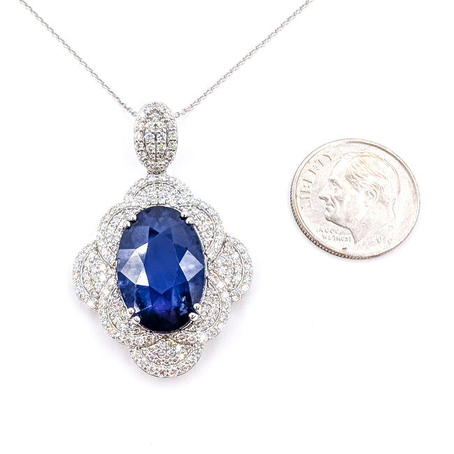 Necklace Floral Quatrefoil W/chain 1.32ctw Round Diamonds GIA: 5231597058 10.73ct Blue Ceylon Sapphire Platinum 50x25mm 16" 11.7g 226070017