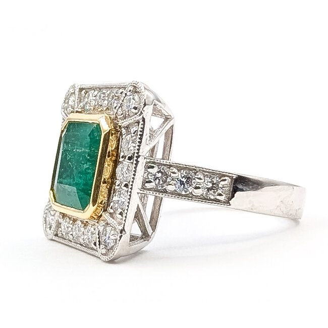 Ring Halo Cocktail Milgrain 0.95ctw Round Diamonds 2.21ct Green Emerald 18kw 15x15mm Sz6.5 7.4g 226070019