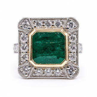 Ring Halo Cocktail Milgrain 0.95ctw Round Diamonds 2.21ct Green Emerald 18kw 15x15mm Sz6.5 7.4g 226070019