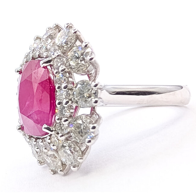 Ring Cocktail Sunburst Halo 3.02ctw Round Diamonds GIA: 2239237499 4.94ct Red Burmese Ruby Platinum 22x20mm Sz7 13.2g 226070020