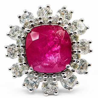 Ring Cocktail Sunburst Halo 3.02ctw Round Diamonds GIA: 2239237499 4.94ct Red Burmese Ruby Platinum 22x20mm Sz7 13.2g 226070020