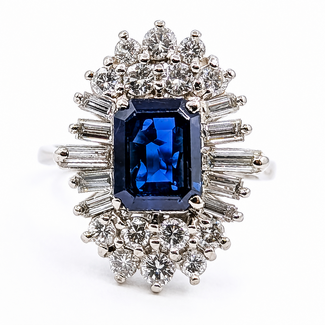 Ring Cocktail 0.90ctw Round & Baguette Diamonds 1.81ct Blue Sapphire 18kw 19mm Sz7 5.3g 226070025