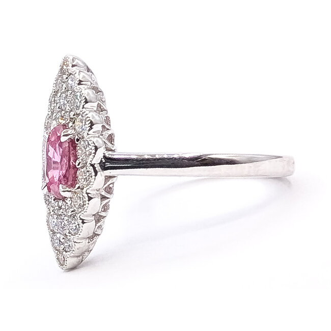 Ring Navette Halo Milgrain 0.55ctw Round Diamonds 0.88ct Pink Sapphire Platinum 18x9mm Sz6.5 5.9g 226070027
