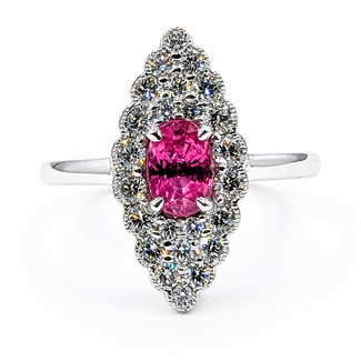 Ring Navette Halo Milgrain 0.55ctw Round Diamonds 0.88ct Pink Sapphire Platinum 18x9mm Sz6.5 5.9g 226070027