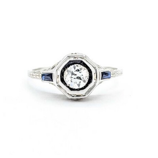 Ring Filigree .33ct European Cut Diamond .08ctw  Sapphire Baguette Accents    18kw 9x10mm Sz7.75 2.4g 125060098