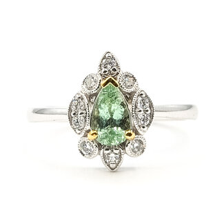 Ring Milgrain Tear Drop 0.18ctw Round Diamonds GIA: 1236527730 0.53ct Green Paraiba Tourmaline Platinum & 18k Sz7 4.1g 226070052