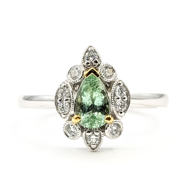Ring Milgrain Tear Drop 0.18ctw Round Diamonds GIA: 1236527730 0.53ct Green Paraiba Tourmaline Platinum & 18k Sz7 4.1g 226070052
