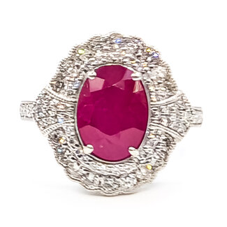 Ring Cocktail Halo Milgrain 0.77ctw Round Diamonds GIA: 2235227509 2.39ct Red Burmese Ruby Platinum 7.5mm Sz7 7.9g 226070042