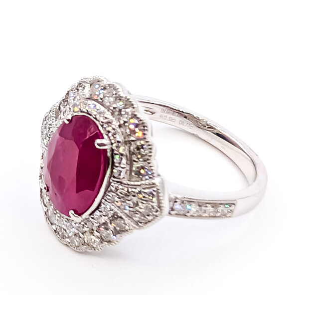 Ring Cocktail Halo Milgrain 0.77ctw Round Diamonds GIA: 2235227509 2.39ct Red Burmese Ruby Platinum 7.5mm Sz7 7.9g 226070042