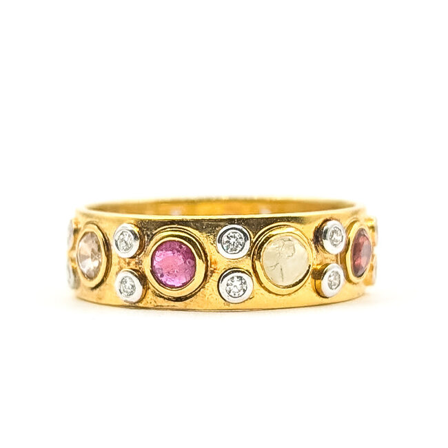 Ring Eternity Multi-Gemstone .18ctw Round Diamonds 1.00ctw Emerald, Citrine, Sapphire, Moonstone, Topaz, Garnet, Ruby 18ky 5.5mm Sz5 3.14g 126070115