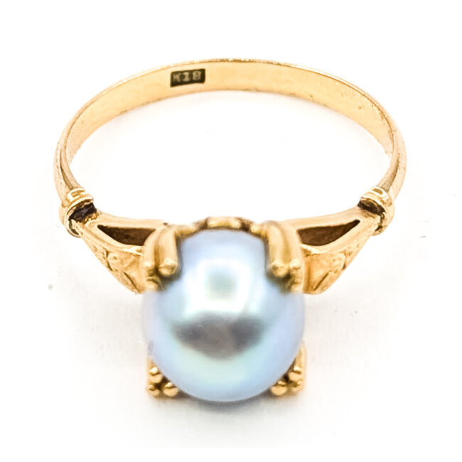 Ring Solitaire 8mm Gray Pearl 18ky Sz6 2.74g 126070138