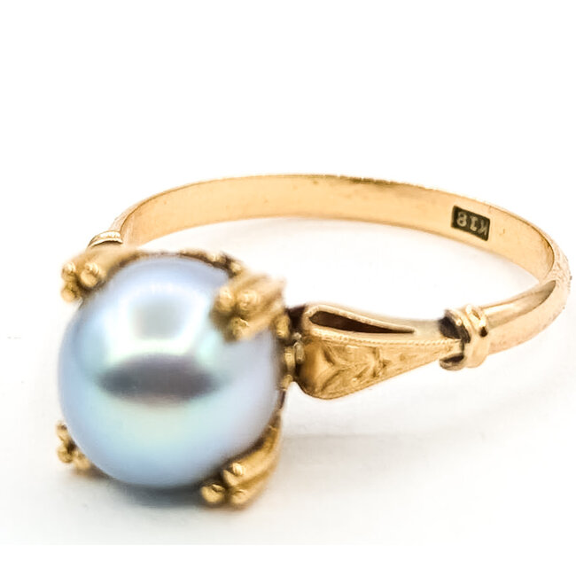 Ring Solitaire 8mm Gray Pearl 18ky Sz6 2.74g 126070138