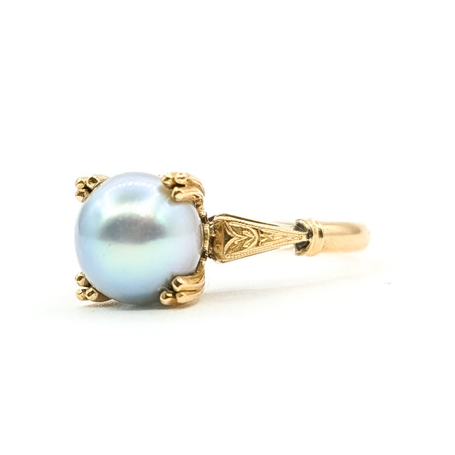 Ring Solitaire 8mm Gray Pearl 18ky Sz6 2.74g 126070138