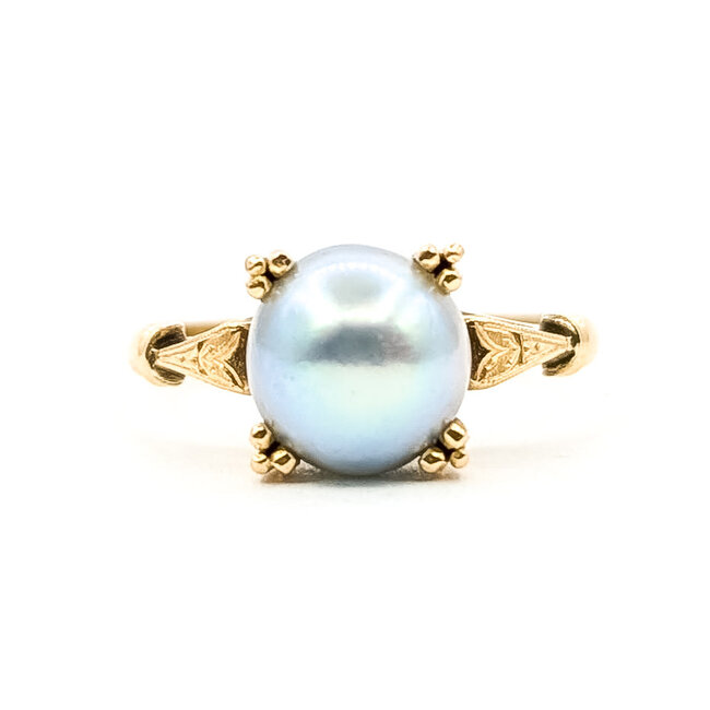 Ring Solitaire 8mm Gray Pearl 18ky Sz6 2.74g 126070138