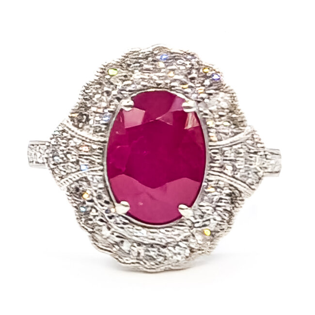 Ring Cocktail Halo Milgrain 0.77ctw Round Diamonds GIA: 2235227509 2.39ct Red Burmese Ruby Platinum 7.5mm Sz7 7.9g 226070042