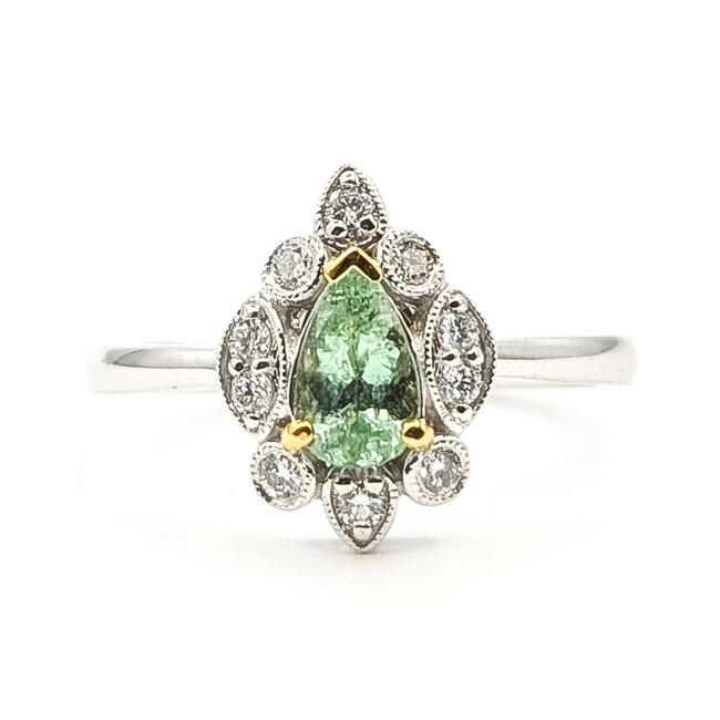 Ring Milgrain Tear Drop 0.18ctw Round Diamonds GIA: 1236527730 0.53ct Green Paraiba Tourmaline Platinum & 18k Sz7 4.1g 226070052