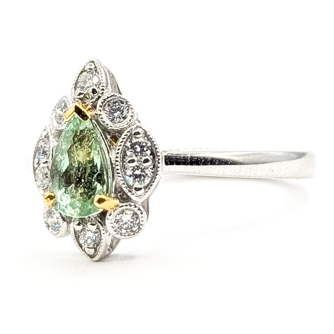 Ring Milgrain Tear Drop 0.18ctw Round Diamonds GIA: 1236527730 0.53ct Green Paraiba Tourmaline Platinum & 18k Sz7 4.1g 226070052