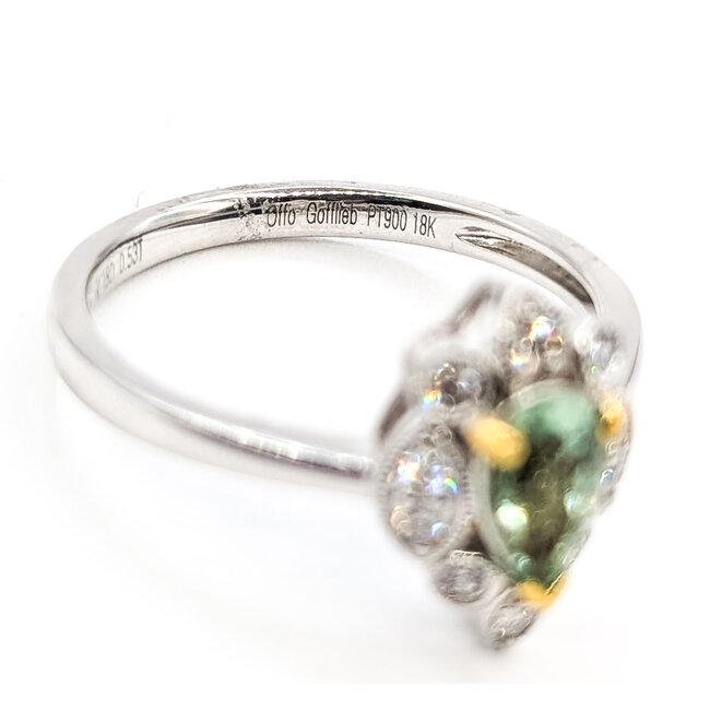 Ring Milgrain Tear Drop 0.18ctw Round Diamonds GIA: 1236527730 0.53ct Green Paraiba Tourmaline Platinum & 18k Sz7 4.1g 226070052