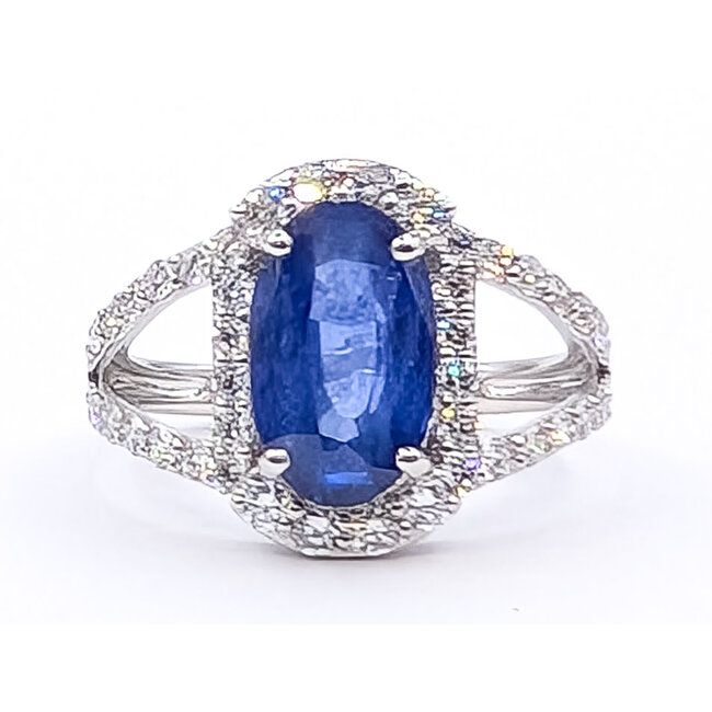 Ring Halo Split Band 0.79ctw Round Diamonds GIA: 2231597246 3.02ct Blue Sapphire Platinum Sz7 5.8g 226070053