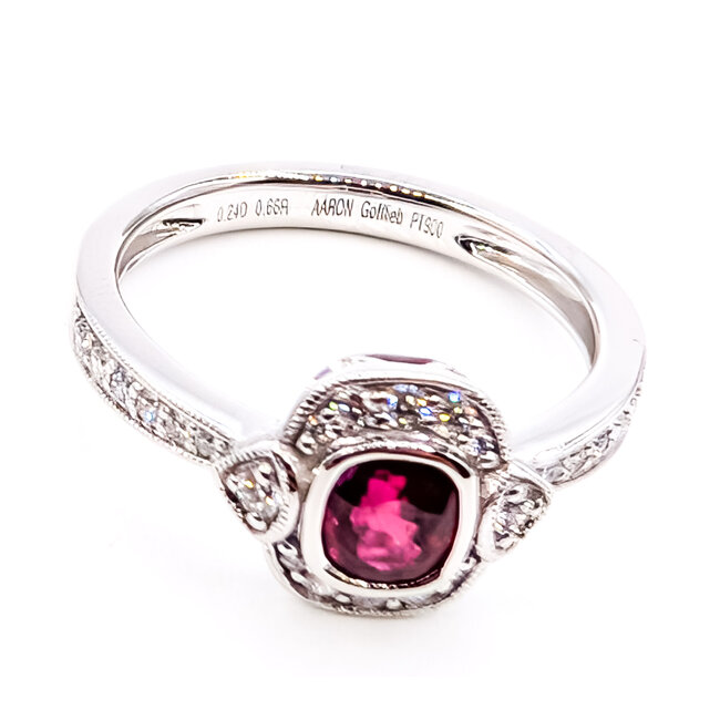 Ring Halo Milgrain 0.24ctw Round Diamonds 0.66ct Red Ruby Pt900 10mm Sz6.75 4.4g 226070049