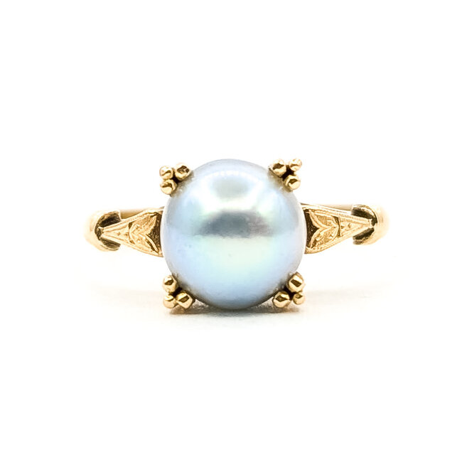 Ring Solitaire 8mm Gray Pearl 18ky Sz6 2.74g 126070138
