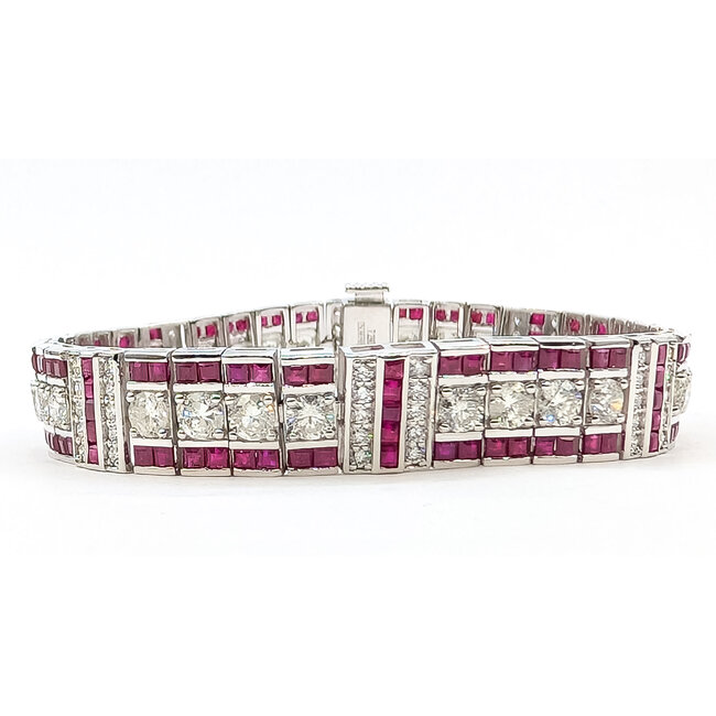Bracelet Art Deco Inspired Geometric 7.29ctw Round Diamonds 8.51ct Red Ruby Pt900 10mm 7" 35.5g 226070033