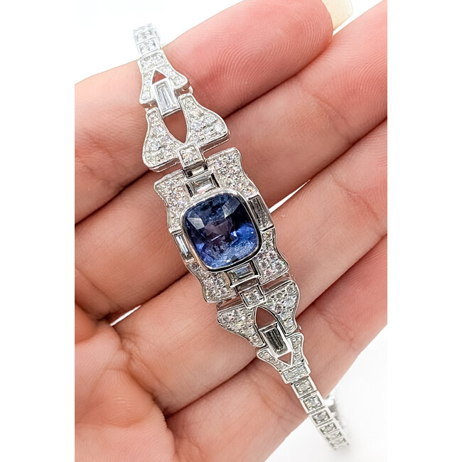 Bracelet Art Deco Inspired Link 2.85ctw Baguette & Round Diamonds 4.09ct Blue Sapphire Pt900 14mm 6.5" 25.9g 226070034
