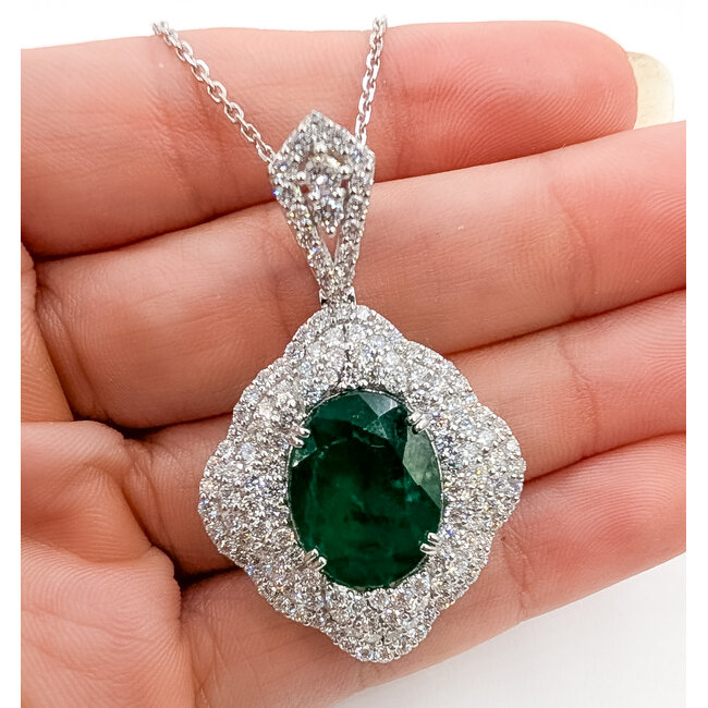 Necklace Halo Floral 2.43ctw Round Diamonds GIA: 5231644838 6.58ct Green Emerald Platinum 43x26mm 18" 14g 226070036