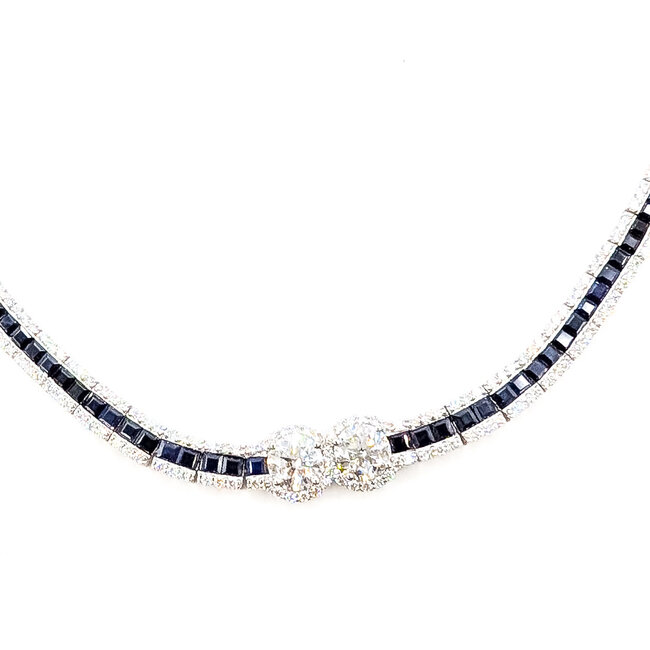 Necklace Art Deco Geometric 9.74ctw Round Diamonds 18.88ct Blue Sapphire Pt900 10mm 18" 65.9g 226070039