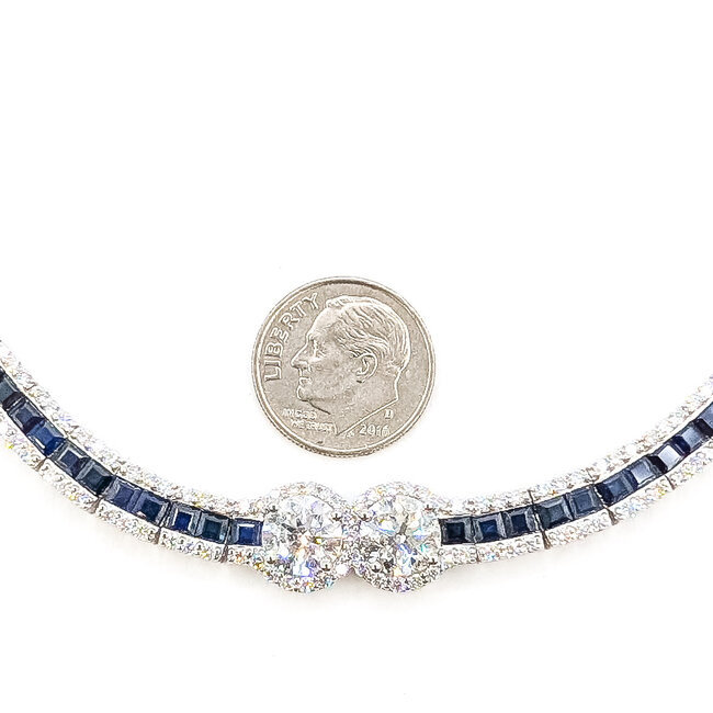 Necklace Art Deco Geometric 9.74ctw Round Diamonds 18.88ct Blue Sapphire Pt900 10mm 18" 65.9g 226070039