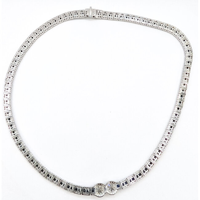 Necklace Art Deco Geometric 9.74ctw Round Diamonds 18.88ct Blue Sapphire Pt900 10mm 18" 65.9g 226070039