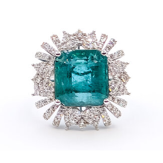 Ring Pave Cocktail Sunburst 1.45ctw Round Diamonds GIA: 6224620942 9.23ct Green Emerald 18k 22mm Sz7 7.7g 226070040