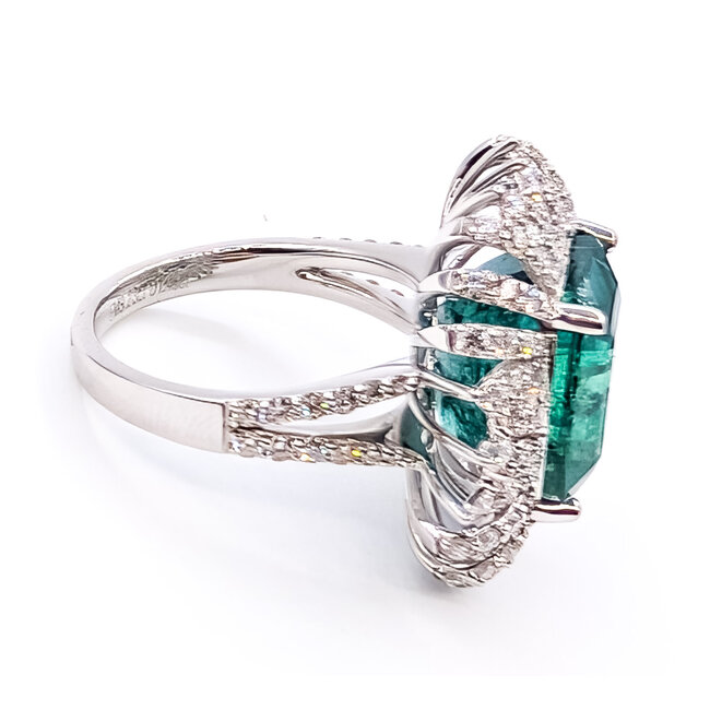 Ring Pave Cocktail Sunburst 1.45ctw Round Diamonds GIA: 6224620942 9.23ct Green Emerald 18k 22mm Sz7 7.7g 226070040