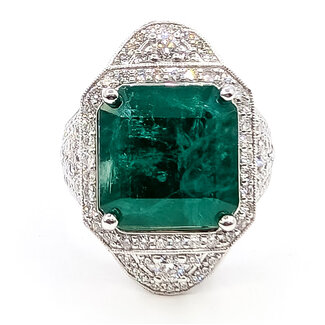 Ring Cocktail Tapered 1.33ctw Round Diamonds GIA: 5222774328 10.91ct Green Emerald Platinum 25mm Sz6.75 19.8g 226070041