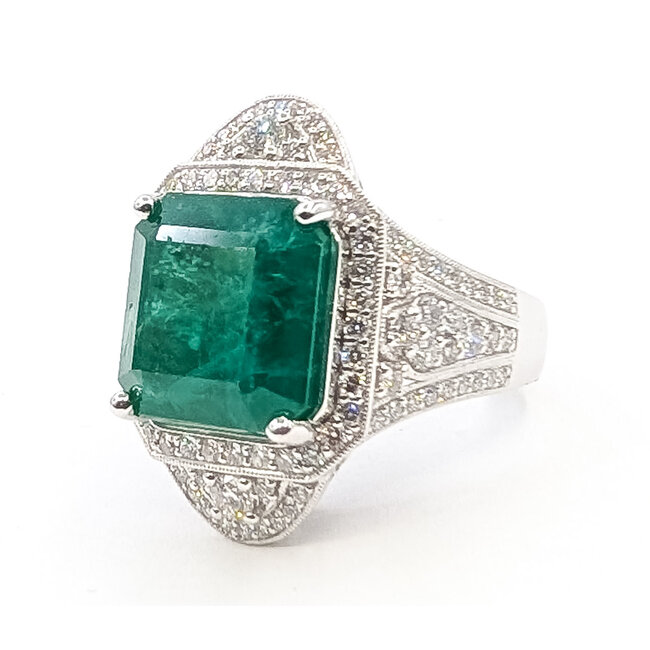 Ring Cocktail Tapered 1.33ctw Round Diamonds GIA: 5222774328 10.91ct Green Emerald Platinum 25mm Sz6.75 19.8g 226070041