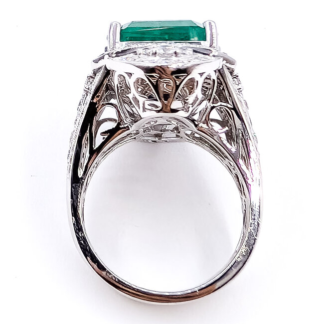 Ring Cocktail Tapered 1.33ctw Round Diamonds GIA: 5222774328 10.91ct Green Emerald Platinum 25mm Sz6.75 19.8g 226070041
