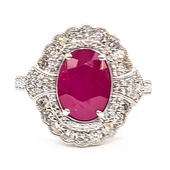Ring Cocktail Halo Milgrain 0.77ctw Round Diamonds GIA: 2235227509 2.39ct Red Burmese Ruby Platinum 7.5mm Sz7 7.9g 226070042