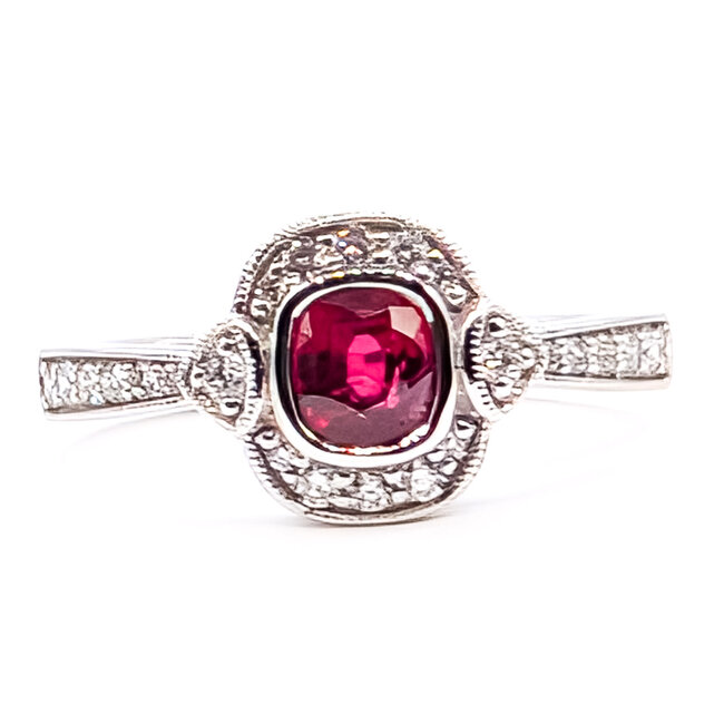 Ring Halo Milgrain 0.24ctw Round Diamonds 0.66ct Red Ruby Pt900 10mm Sz6.75 4.4g 226070049