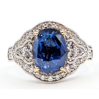 Ring Pave Milgrain 0.54ctw Round Diamonds GIA: 2235679366 3.00ct Blue Sapphire Platinum & 18k Sz7 6.7g 226070056