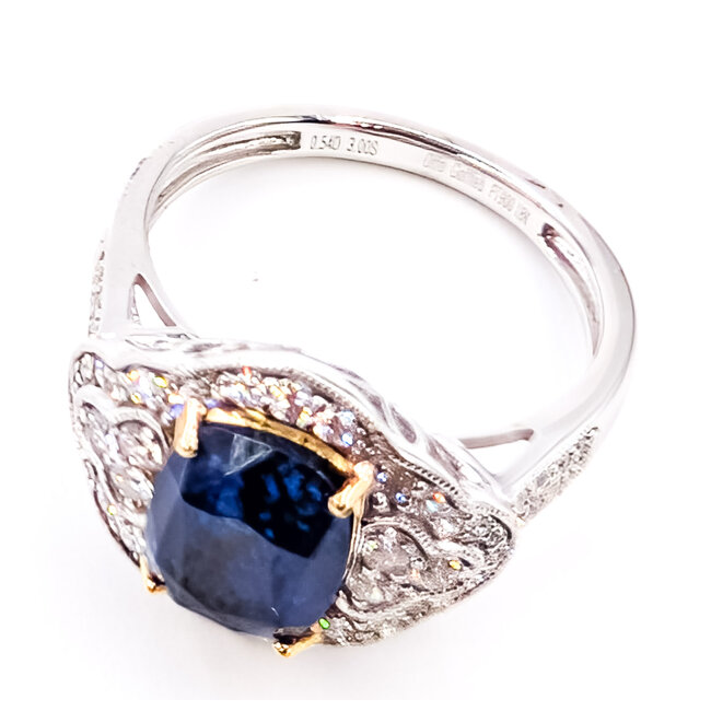 Ring Pave Milgrain 0.54ctw Round Diamonds GIA: 2235679366 3.00ct Blue Sapphire Platinum & 18k Sz7 6.7g 226070056