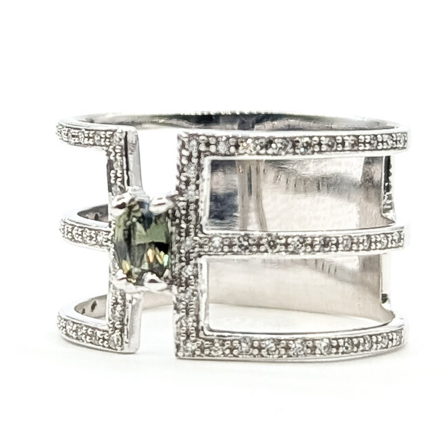 Ring Open Geometic 3 Row .25ctw Round Diamonds .22ct Color-Changing Alexandrite 14kw 12mm Sz7 3.9g 126060036