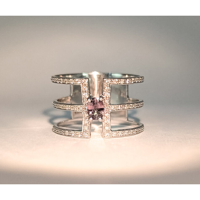 Ring Open Geometic 3 Row .25ctw Round Diamonds .22ct Color-Changing Alexandrite 14kw 12mm Sz7 3.9g 126060036