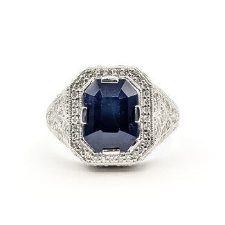 Ring Geometic Milgrain 0.82ctw Round Diamonds GIA: 3.73ct Blue Ceylon Sapphire Platinum Sz7 10.7g 226070044