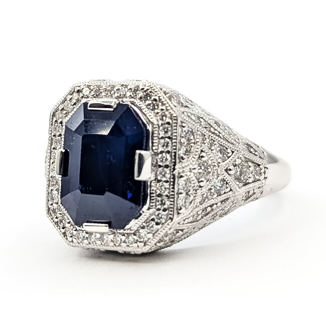 Ring Geometic Milgrain 0.82ctw Round Diamonds GIA: 3.73ct Blue Ceylon Sapphire Platinum Sz7 10.7g 226070044
