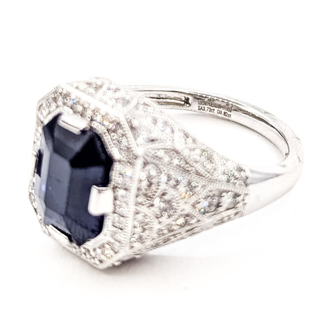 Ring Geometic Milgrain 0.82ctw Round Diamonds GIA: 3.73ct Blue Ceylon Sapphire Platinum Sz7 10.7g 226070044