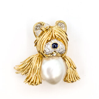Brooch Animal Dog 0.50ctw Round Diamonds  12mm White Pearl    18ky 32x30mm  15.62g 226070127