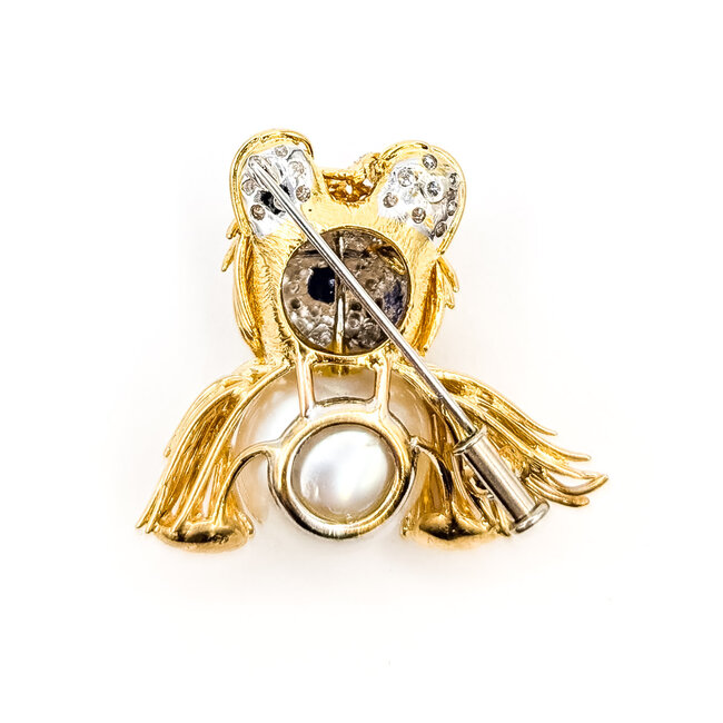 Brooch Animal Dog 0.50ctw Round Diamonds  12mm White Pearl    18ky 32x30mm  15.62g 226070127