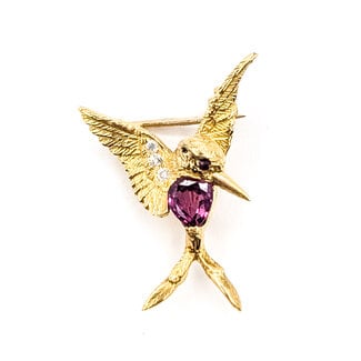 Brooch Whimsical Hummingbird  0.03ctw Round Diamonds  0.50ct Red Ruby    18ky  1x.75" 3.7g 226070129